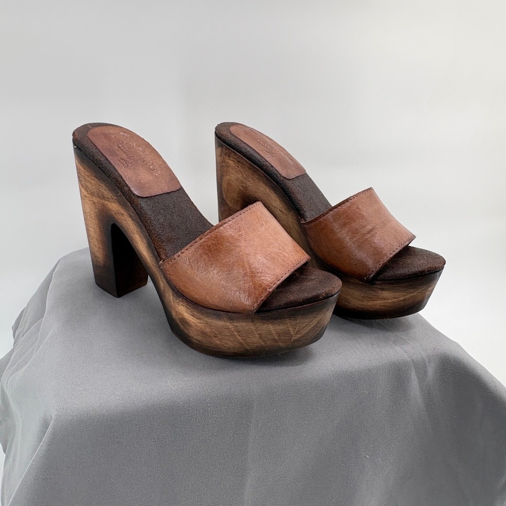 Freebird by Steven Cuba Tan Leather Wood Platform Clog Sandals Womens 7 FB-CUBA - Picture 2 of 14